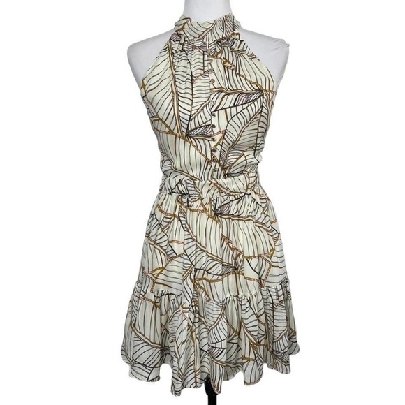 NICHOLAS Leaf Print Mini Dress in Cream and Brown - Picture 1 of 9